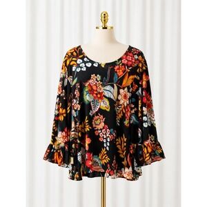 Attitudes by‎ Renee Liquid Knit Popover Top Black Coral Floral Bell Sleeves 2X